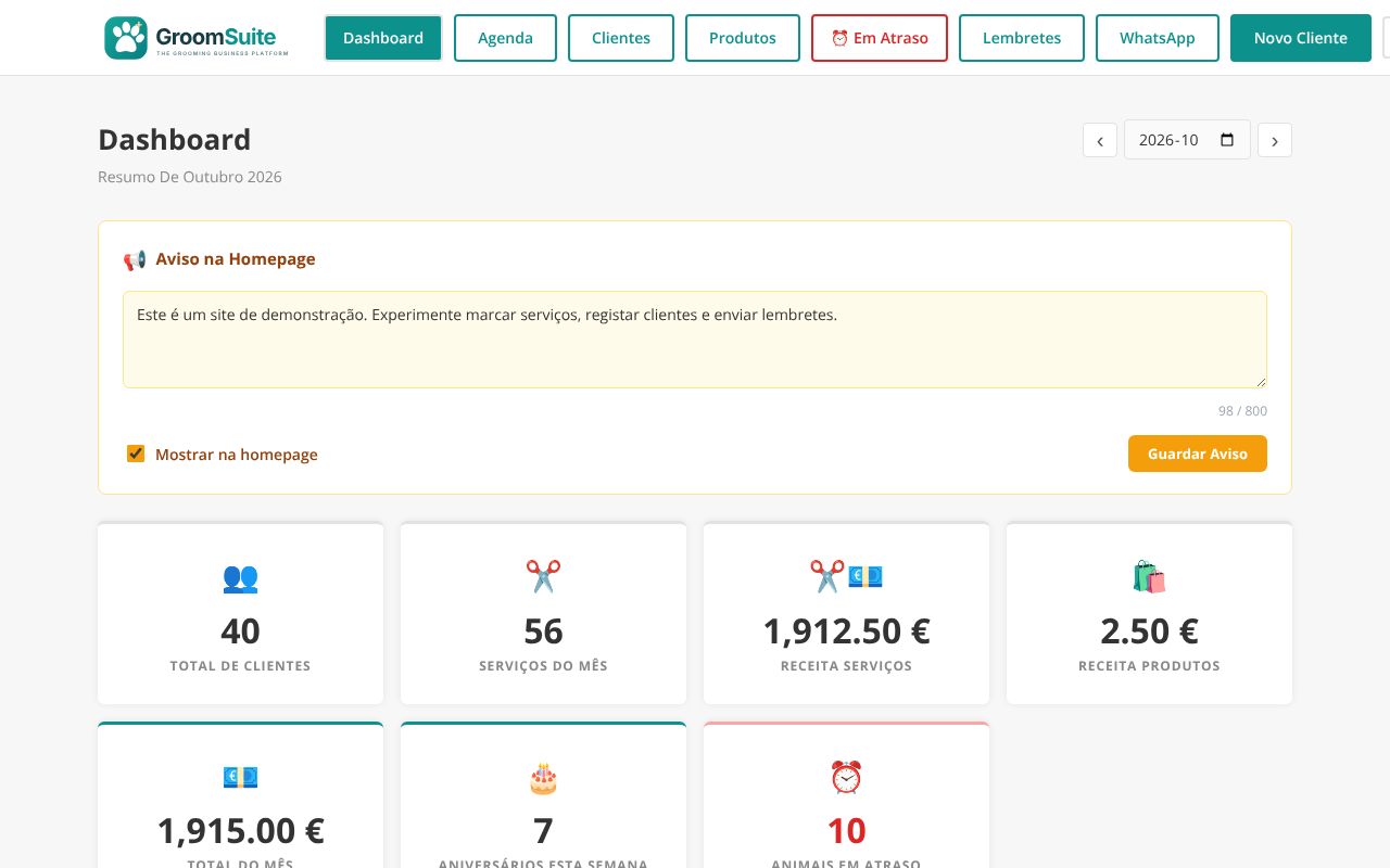 Dashboard do GroomSuite com clientes, serviços e receita do mês
